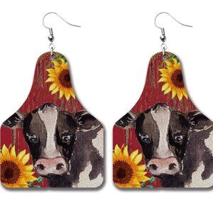 3For$20 Sunflower Cow Western Cow Tag Style Retro Leather Earrings